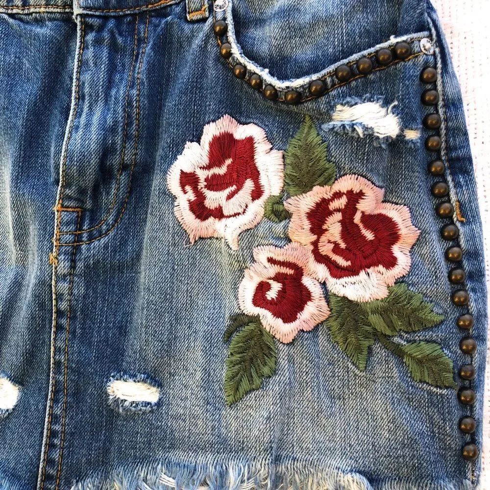 Free People‎ Embroidered Denim Mini Skirt